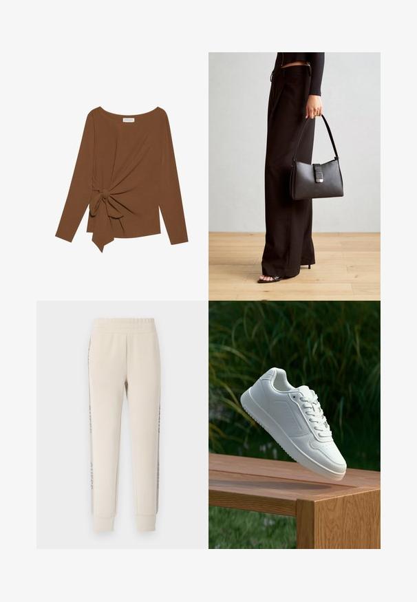 Top marrón de manga larga con un escote amplio y un detalle de nudo en un lado, hecho de una tela suave y texturizada.; Pantalones de chándal beige con una textura suave, cinturilla elástica y rayas laterales con un acento estampado. Pernera ajustada y puños en los dobladillos.; Zapatilla blanca con un upper sintético suave, caja de dedos perforada, cordones planos y una suela texturizada, exhibida sobre una superficie de madera.; Bolso negro con forma estructurada, textura suave y un cierre metálico. Combinado con pantalones anchos negros y sandalias de dedo en un suelo de madera.