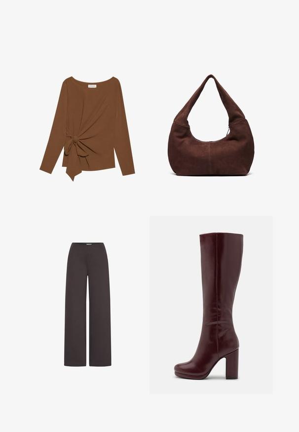 Brązowy, długi rękaw top z szerokim dekoltem i węzełkowym detalem po jednej stronie, wykonany z miękkiego, teksturowanego materiału.; ICHI - Spodnie materiałowe; Anna Field - Kozaki na obcasie; Brązowa zamszowa torba hobo z krzywym, szerokim uchwytem i dużym otworem. Miękka tekstura z widocznym szyciem wzdłuż krawędzi.