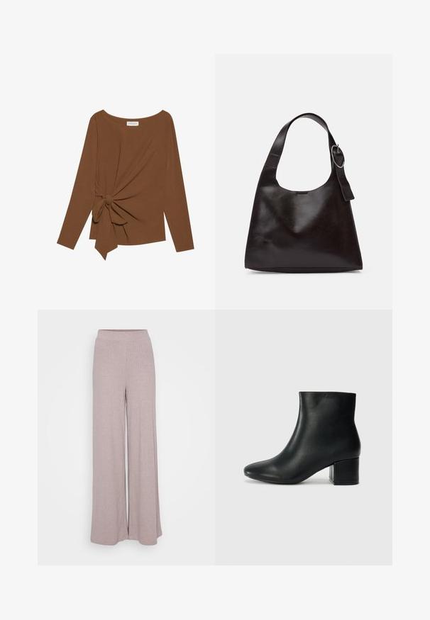 Hnedý dlhý rukáv top s širokým výstrihom a uzlom na jednej strane, vyrobený z mäkkej textúrovanej látky.; Široké nohavice vyrobené z mäkkej, ryhovanej látky v svetlo fialovej farbe. Majú elastický pás pre pohodlie a plynulý siluetu.; Čierne kožené členkové čižmy s špicatou špičkou a hrubým podpätkom. Hladká textúra s minimálnymi akcentmi a elegantným, priliehavým dizajnom.; Hnedá kožená taška cez rameno s hladkým povrchom, zaobleným tvarom, širokým popruhom a kruhovým kovovým akcentom na rúčke.