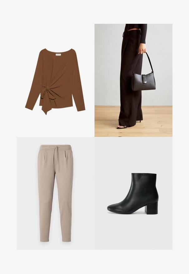 Hnedý dlhý rukáv top s širokým výstrihom a uzlom na jednej strane, vyrobený z mäkkej textúrovanej látky.; Béžové jogger nohavice vyrobené z mäkkej tkaniny, s elastickým pásom na šnúrku a bočnými vreckami. Členitý strih nohavíc.; Čierne kožené členkové čižmy s špicatou špičkou a hrubým podpätkom. Hladká textúra s minimálnymi akcentmi a elegantným, priliehavým dizajnom.; Čierna kabelka so štruktúrovaným tvarom, hladkou textúrou a kovovou sponou. V kombinácii so širokými čiernymi nohavicami a sandálmi s otvorenou špičkou na drevenej podlahe.