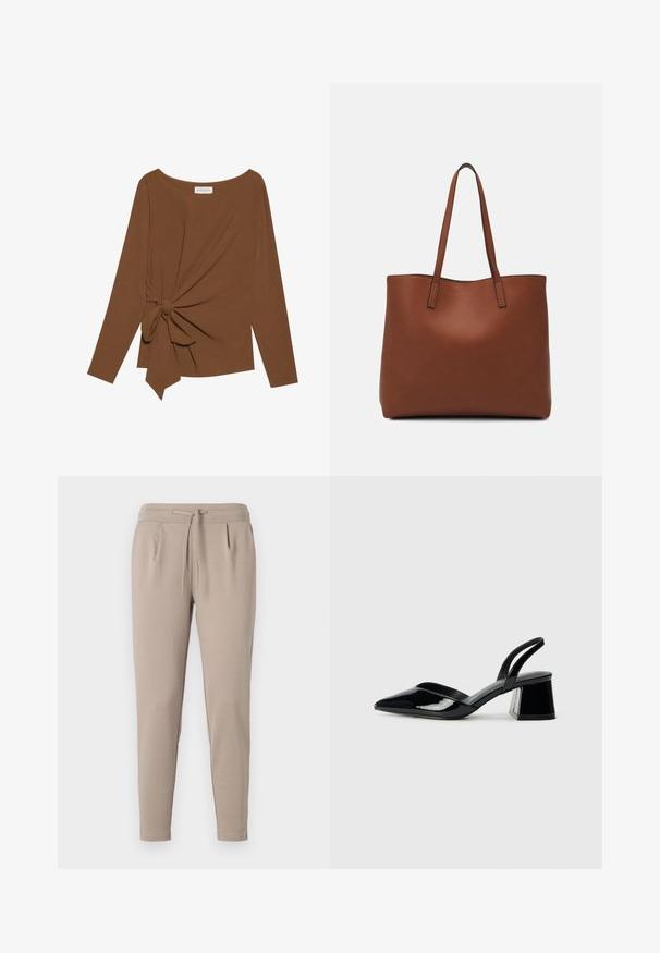 Ruda ilga rankovė viršutinė dalis su plačiu iškirpimu ir mazgo detale vienoje pusėje, pagaminta iš minkštos, tekstūruotos medžiagos.; Smėliniai džinsai, pagaminti iš minkštos medžiagos, su guma lemiančia juosmeniu ir raišteliu, bei šoninėmis kišenėmis. Nusidėvėję kojos dizainas.; Juodos lakuotos odinės šlepetės su smailiu pirštu ir geometriniu bloko kulnu. Turi elegantišką, minimalistinį dizainą ir lygų paviršių.; Ruda odinė priekabų krepšys su glotnia tekstūra, atviru viršumi ir dviem petnešomis. Su minimalia siuvimo detalėmis ir nematoma aparatūra.