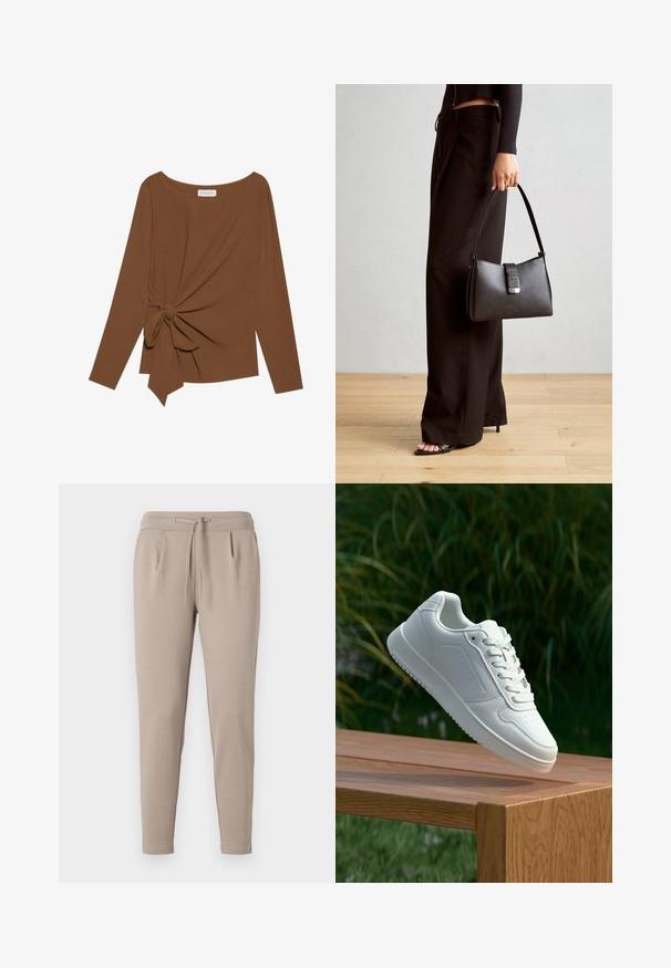 Brown long-sleeve top featuring a wide neckline and a knot detail on one side, made of soft, textured fabric.; Beige jogger pants made of soft fabric, featuring an elastic waistband with drawstring, and side pockets. Tapered leg design.; White sneaker with a smooth synthetic upper, perforated toe box, flat laces, and a textured sole, displayed on a wooden surface.; Black handbag with structured shape, smooth texture, and a metallic clasp. Paired with wide black pants and open-toe sandals on wooden floor.