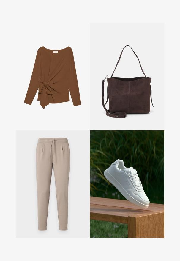 Bruine lange mouwen top met een brede halslijn en een knoopdetail aan één zijde, gemaakt van zachte, gestructureerde stof.; Beige jogger broek gemaakt van zachte stof, met een elastische tailleband en trekkoord, en zijzakken. Tapered leg ontwerp.; Witte sneaker met een gladde synthetische bovenkant, geperforeerde neus, platte veters en een gestructureerde zool, tentoongesteld op een houten oppervlak.; Bruine suède schoudertas met een zachte textuur, voorzien van een enkele schouderband en een subtiele, gebogen bovenopening. Geen zichtbare hardwaredetails.