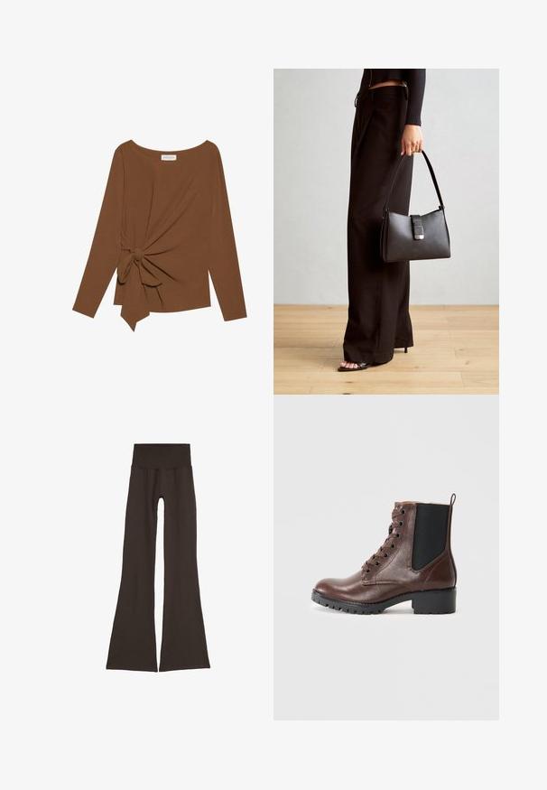 Maglia marrone a maniche lunghe con scollatura ampia e un dettaglio a nodo su un lato, realizzata in tessuto morbido e testurizzato.; Leggings a campana di un marrone scuro con un'ampia vita a coste. Realizzati in materiale morbido ed elasticizzato, presentano un design senza cuciture e senza hardware visibile.; Stivale alla caviglia in pelle marrone con punta rotonda, chiusura con lacci frontale, pannelli laterali elastici e suola in gomma texturizzata. Presenta un tacco a blocco robusto.; Borsa nera con forma strutturata, texture liscia e una chiusura metallica. Abbinata a pantaloni neri larghi e sandali open-toe su un pavimento in legno.