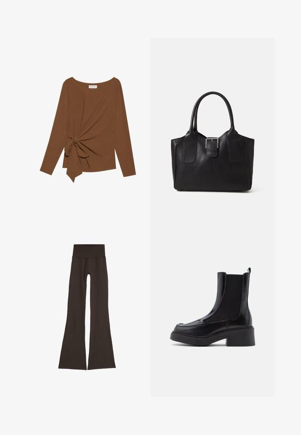 Maglia marrone a maniche lunghe con scollatura ampia e un dettaglio a nodo su un lato, realizzata in tessuto morbido e testurizzato.; Leggings a campana di un marrone scuro con un'ampia vita a coste. Realizzati in materiale morbido ed elasticizzato, presentano un design senza cuciture e senza hardware visibile.; Stivali Chelsea neri con tacco spesso, caratterizzati da una tomaia in pelle lucida e pannelli elastici laterali per una facile calzata. Suola in gomma solida.; Borsa tote in pelle nera con texture liscia, forma strutturata, due manici e un evidente dettaglio in fibbia argentata sul davanti.