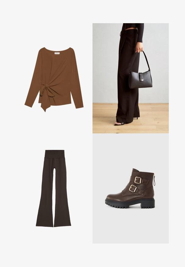 Ruda ilga rankovė viršutinė dalis su plačiu iškirpimu ir mazgo detale vienoje pusėje, pagaminta iš minkštos, tekstūruotos medžiagos.; Tamsiai rudos spalvos platėjančios legginsai su plačiu, raukinėtu juosmeniu. Pagaminti iš minkštos, elastingos medžiagos, su besiūle struktūra ir be matomos aparatūros.; Rudos odinės kulkšnės botai su auksinėmis sagtimis, užtrauktuku ir tvirtu juodu gumuotu padu. Pasižymi struktūrizuotu paviršiumi ir elegantiška siluetu.; Juodas rankinė struktūrizuota forma, lygi tekstūra ir metalinis užsegimas. Suporuota su plačiomis juodomis kelnėmis ir atvirais bateliais ant medinių grindų.