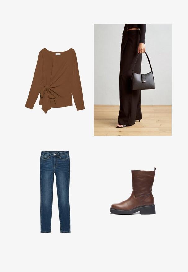 Brūna garām piedurknēm topa, kas izceļas ar plašu dekoltē un mezglu detaļu vienā pusē, izgatavota no mīkstas, teksturētas auduma.; Gari šauri džinsi, kas izgatavoti no tumši zila denima, ar klasisku piecu kabatu dizainu, taisnām šuvēm un pogas un rāvējslēdzēja aizdari.; Brūnas ādas potītes zābaki ar noapaļotu purngalu, masīvu melnu platformu un īsu kāju. Iezīmēts ar cilpu, lai atvieglotu uzvilkšanu.; Melnā somiņa ar strukturētu formu, gludu tekstūru un metālu sprādzi. Saskaņota ar platām melnām biksēm un sandālēm ar atvērtu purngalu uz koka grīdas.