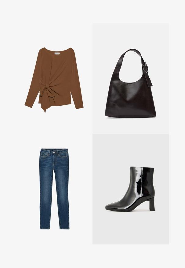 Ruda ilga rankovė viršutinė dalis su plačiu iškirpimu ir mazgo detale vienoje pusėje, pagaminta iš minkštos, tekstūruotos medžiagos.; Lieknos džinsai, pagaminti iš tamsiai mėlynos džinsinės medžiagos, turintys klasikinį penkių kišenių dizainą, tiesius siūlus ir mygtuko bei užtrauktuko uždarymą.; Juodos lakuotos odinės aulinukės su smailiu pirštu ir vidutinio aukščio blokuotu kulnu. Lygus paviršius ir minimalistinis dizainas.; Ruda odinė petinė kuprinė su lygiu paviršiumi, apvalia forma, plačia juosta ir apvaliu metaliniu akcentu ant rankenos.