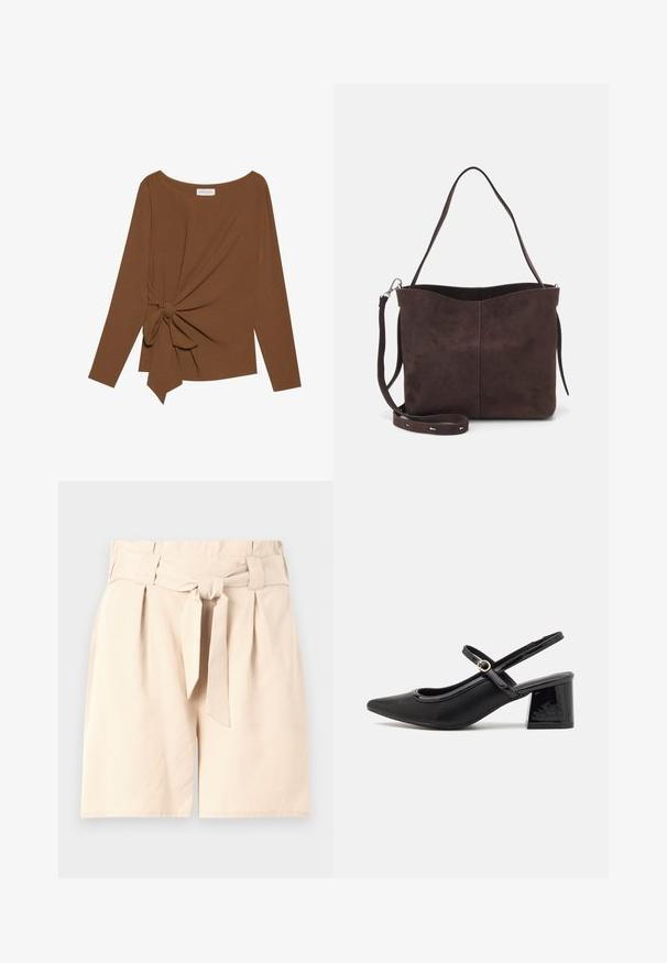 T-shirt brun à manches longues avec un col large et un détail de nœud sur un côté, fabriqué dans un tissu doux et texturé.; Shorts beiges taille haute avec une ceinture à nouer à l'avant, design plissé et texture de tissu lisse. Forme épurée et taillée, sans motifs visibles.; Escarpins slingback en cuir verni noir avec un embout pointu, un design à découpes arrondies et un talon carré. Présente un accent de boucle en ton doré.; Sac fourre-tout en suède brun avec une texture douce, présentant une seule bandoulière et une ouverture supérieure légèrement courbée. Aucun détail de matériel visible.