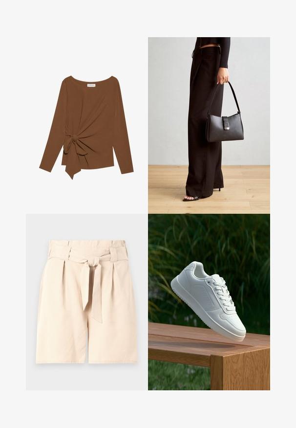Rjava dolgosleeve majica z širokim izrezom in vozlom na eni strani, izdelana iz mehkega, teksturiranega blaga.; Bež kratke hlače z visokim pasom, sprednjim vezanjem, nabranim dizajnom in gladkim teksturnim materialom. Čista, natančno krojena oblika brez vidnih vzorcev.; Bela teniska s gladkim sintetičnim zgornjim delom, perforiranim prednjim delom, ravnimi vezalkami in teksturiranim podplatom, prikazana na leseni površini.; Črna torbica z strukturirano obliko, gladko teksturo in kovinskim zaponko. Ujemajo se z širokimi črnimi hlačami in odprtimi sandali na lesenem tleh.
