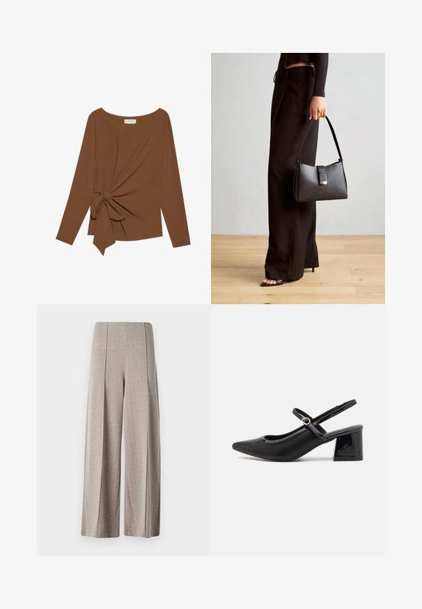 Brūna garām piedurknēm topa, kas izceļas ar plašu dekoltē un mezglu detaļu vienā pusē, izgatavota no mīkstas, teksturētas auduma.; Bēša platajā stila bikses, kas izgatavotas no teksturēta auduma ar suņa zobu rakstu, ar augstu jostasvietu un presētām krokām gar kājām.; Melns patentēts ādas sandales ar norādīta pirksta formu, noapaļotu izgriezuma dizainu un bloķētu papēdi. Iezīmēta ar zelta toņa sprādzi.; Melnā somiņa ar strukturētu formu, gludu tekstūru un metālu sprādzi. Saskaņota ar platām melnām biksēm un sandālēm ar atvērtu purngalu uz koka grīdas.