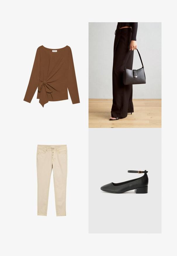 Rjava dolgosleeve majica z širokim izrezom in vozlom na eni strani, izdelana iz mehkega, teksturiranega blaga.; Bež skinny jeans iz bombaža s petimi gumbi, sprednjimi žepi in diskretnimi šivi. Gladka tekstura in prilegajoč dizajn.; Črne usnjene pumpice z nazobčanimi prsti in nizko blokasto peto. Imajo trak okoli gležnja z zaponko v zlatem tonu. Gladka tekstura.; Črna torbica z strukturirano obliko, gladko teksturo in kovinskim zaponko. Ujemajo se z širokimi črnimi hlačami in odprtimi sandali na lesenem tleh.