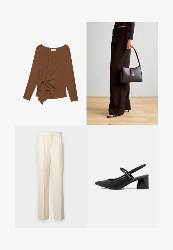 Brun långärmad topp med bred halsringning och en knutdetalj på ena sidan, tillverkad av mjukt, texturerat tyg.;  skräddarsydda krämfärgade byxor med rak ben, med framviktningar och en slät yta. Midjan är platt och utan dekorationer.; Svarta lackläder slingback-klackar med spetsig tå, en rundad utskärning och en blockklack. Utsmyckad med en spänne i guldton.; Svart handväska med strukturerad form, slät yta och metallspänne. Matchad med vida svarta byxor och sandaler med öppen tå på trägolv.