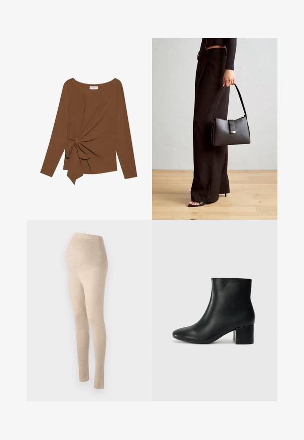 Rjava dolgosleeve majica z širokim izrezom in vozlom na eni strani, izdelana iz mehkega, teksturiranega blaga.; Beige legice za nosečnice z visokim pasom, izdelane iz mehke, raztegljive tkanine, ki imajo prilegajoč dizajn in gladko teksturo.; Črne usnjene gležnjarje s koničastim nosom in debelim peto. Gladka tekstura z minimalnimi detajli in eleganten, prilegajoč dizajn.; Črna torbica z strukturirano obliko, gladko teksturo in kovinskim zaponko. Ujemajo se z širokimi črnimi hlačami in odprtimi sandali na lesenem tleh.