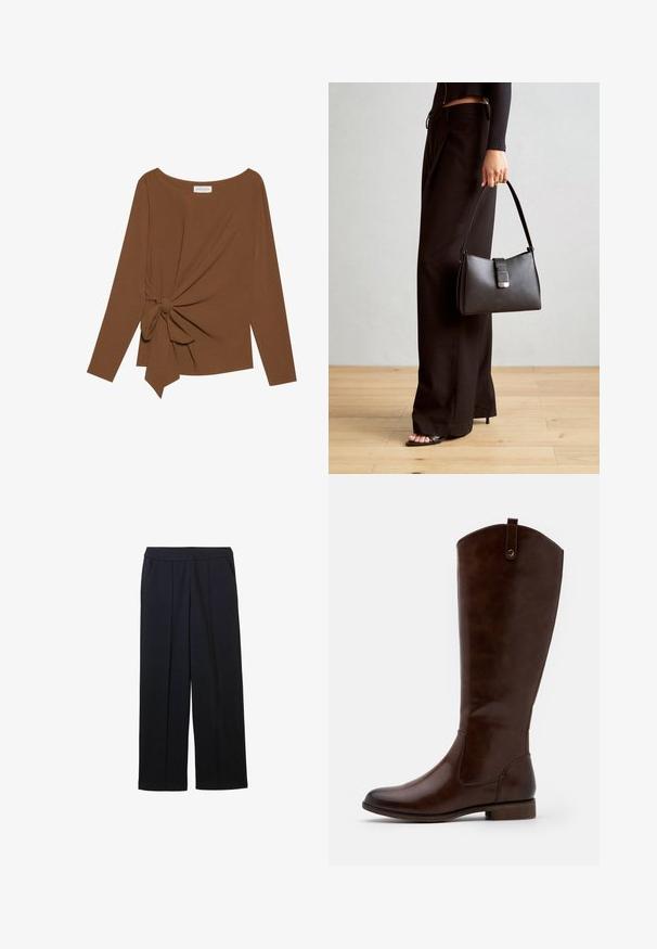 Brązowy, długi rękaw top z szerokim dekoltem i węzełkowym detalem po jednej stronie, wykonany z miękkiego, teksturowanego materiału.; Szerokie spodnie w ciemnonawowym odcieniu, z płaskim przodem, dwoma bocznymi kieszeniami i subtelną teksturą. Dopasowany fason z czystymi liniami.; Brązowe botki za kolano wykonane z gładkiej skóry, z zaokrąglonym noskiem, niskim, klejonym obcasem oraz subtelnym wzorem przeszyć po bokach.; Czarna torebka o usztywnionym kształcie, gładkiej fakturze i metalowym zapięciem. Połączona z szerokimi czarnymi spodniami i sandałami na otwartym palcu na drewnianej podłodze.