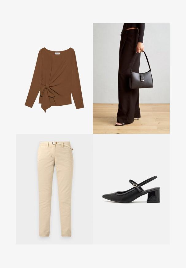 Brun langærmet top med en bred halsudskæring og en knude detalje på den ene side, lavet af blødt, tekstureret stof.; Beige chinos lavet af bomuld med en glat tekstur, der har et vævet bælte og standardlommer. Slim fit med lige ben.; Sorte patentlæder slingback hæle med spids tå, rund udskæring og blokhæl. Har en guldtonet spændeaccents.; Sort håndtaske med struktureret form, glat overflade og metalspænde. Sammen med brede sorte bukser og sandaler med åben tå på trægulv.