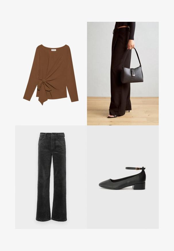 Brauner Langarm-Top mit weitem Ausschnitt und Knoten-Detail auf einer Seite, aus weichem, strukturiertem Stoff.; Schwarze Cordhosen mit weitem Bein, ausgestattet mit Fronttaschen und einem Knopfverschluss, weiche Textur mit geripptem Muster über die gesamte Fläche.; Schwarze Lederpumps mit spitzem Zehenbereich und niedrigem Blockabsatz. Mit einem Knöchelriemen und einer goldfarbenen Schnalle. Glatte Textur.; Schwarze Handtasche mit strukturierter Form, glatter Textur und einem metallischen Verschluss. Kombiniert mit weiten schwarzen Hosen und offenen Sandalen auf einem Holzboden.