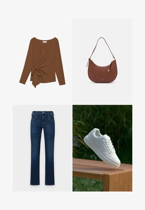 Barna, hosszú ujjú felső, széles nyakkivágással és az egyik oldalon csomó részlettel, puha, texturált anyagból készült.; Sötétkék farmernadrág, egyenes lábkapcsolattal, öt zsebes kialakítással és normál gombos záródással. Diszkrét varrással ellátva.; Fehér sportcipő sima szintetikus felsőrésszel, perforált lábujjrész, lapos fűzőkkel és texturált talppal, fából készült felületen kihelyezve.; Barna műbőr válltáska ívelt formával, minimális varrással és arany színű kiegészítőkkel. Jellemzője a felső cipzáras záródás és állítható pánt.