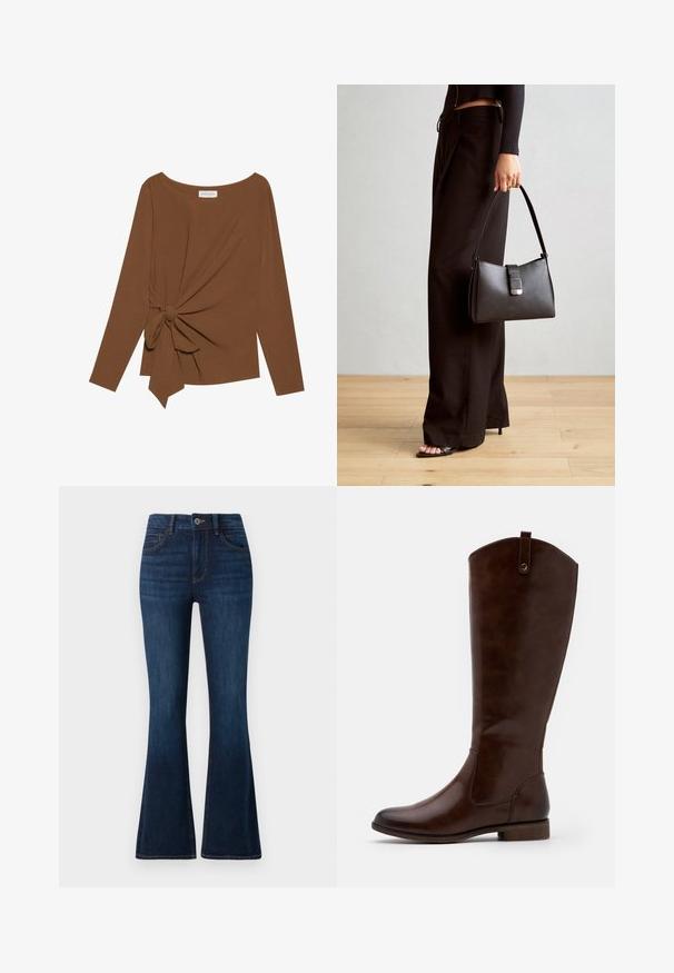 Brown long-sleeve top featuring a wide neckline and a knot detail on one side, made of soft, textured fabric.; TOM TAILOR STELLA dark-blue denim; Brown knee-high boots made of smooth leather, featuring a rounded toe, low stacked heel, and a subtle stitching pattern along the sides.; Black handbag with structured shape, smooth texture, and a metallic clasp. Paired with wide black pants and open-toe sandals on wooden floor.