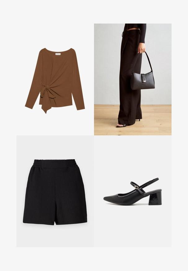 Top marrón de manga larga con un escote amplio y un detalle de nudo en un lado, hecho de una tela suave y texturizada.; Pantalones cortos negros con una tela texturizada, cinturilla elástica y corte recto. Presentan un diseño limpio sin acentos ni patrones adicionales.; Tacones slingback de charol negro con punta afilada, un diseño de corte redondeado y tacón bloque. Incluye un detalle de hebilla en tono dorado.; Bolso negro con forma estructurada, textura suave y un cierre metálico. Combinado con pantalones anchos negros y sandalias de dedo en un suelo de madera.
