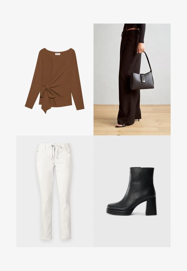 Bruine lange mouwen top met een brede halslijn en een knoopdetail aan één zijde, gemaakt van zachte, gestructureerde stof.; Witte, slim-fit broek met een trekkoord in de taille, voorzakken en een zachte textuur. Geschikt voor casual kleding of ontspannen omgevingen.; Zwarte leren enkelboot met een blokhak en platformzool, zijaanzicht op een effen witte achtergrond.; Zwarte handtas met gestructureerde vorm, gladde textuur en een metalen sluiting. Gecombineerd met brede zwarte broeken en sandalen met open teen op een houten vloer.
