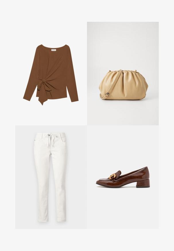 Hnedý dlhý rukáv top s širokým výstrihom a uzlom na jednej strane, vyrobený z mäkkej textúrovanej látky.; Biele slim-fit nohavice s nastaviteľným pásom, prednými vreckami a hladkým povrchom. Vhodné na voľný čas alebo uvoľnené prostredie.; Hnedé kožené loafers s lesklým povrchom, s dekoratívnym zlatým prackom na prednej strane a nízkym blokovým podpätkom. Klasický dizajn.; Hnedá kožená kabelka s plisovaným dizajnom, nastaviteľným popruhom a zaobleným tvarom. Minimalistické logo na prednej strane.