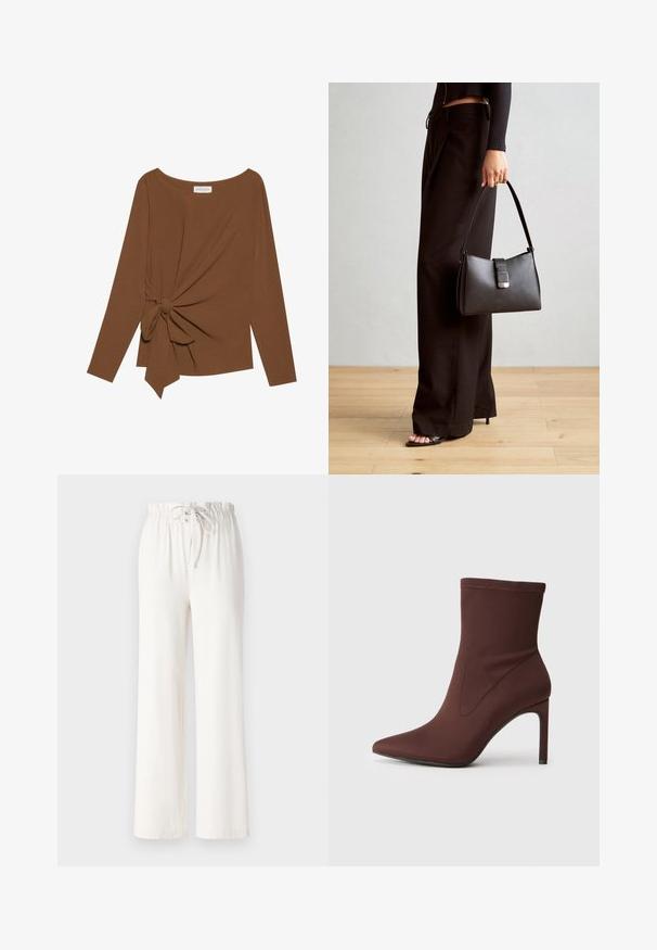 Top marrón de manga larga con un escote amplio y un detalle de nudo en un lado, hecho de una tela suave y texturizada.; Pantalones de pierna ancha blancos, hechos de un tejido suave, con cintura ajustable y textura lisa. Sin patrones ni adornos visibles.; Botín de tobillo de tela elástica marrón con punta afilada y tacón de aguja de 10 cm. Costuras a lo largo de los lados, textura suave y sin cierres visibles.; Bolso negro con forma estructurada, textura suave y un cierre metálico. Combinado con pantalones anchos negros y sandalias de dedo en un suelo de madera.