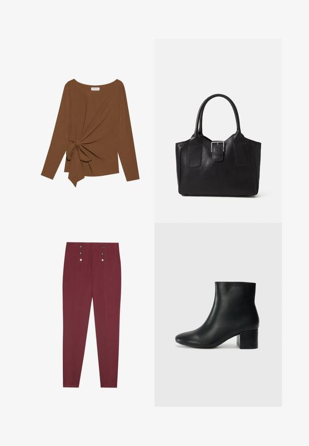 Hnedý dlhý rukáv top s širokým výstrihom a uzlom na jednej strane, vyrobený z mäkkej textúrovanej látky.; Burgundské nohavice na mieru so bočnými vreckami, s hladkou textúrou a štyrmi dekoratívnymi striebornými gombíkmi na páse.; Čierne kožené členkové čižmy s špicatou špičkou a hrubým podpätkom. Hladká textúra s minimálnymi akcentmi a elegantným, priliehavým dizajnom.; Čierna kožená taška s hladkou textúrou, štruktúrovaným tvarom, dvoma uchami a výrazným strieborným prackovým detailom na prednej strane.