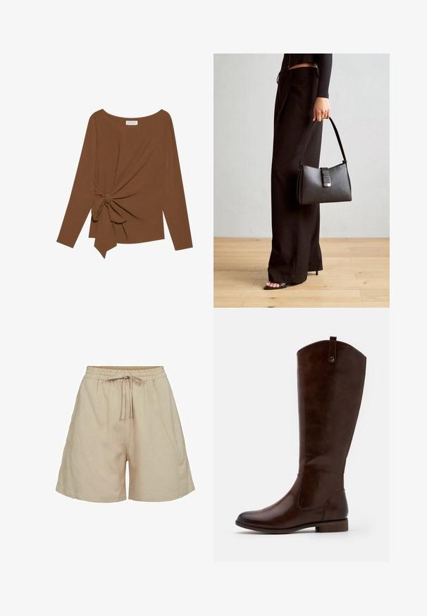 Top marrón de manga larga con un escote amplio y un detalle de nudo en un lado, hecho de una tela suave y texturizada.; Pantalones cortos de tela ligera en color beige con cintura elástica y cordón. Presentan un corte holgado y bolsillos laterales. Textura suave.; Botas marrones hasta la rodilla, hechas de cuero liso, con punta redondeada, tacón bajo apilado y un sutil patrón de costura a lo largo de los lados.; Bolso negro con forma estructurada, textura suave y un cierre metálico. Combinado con pantalones anchos negros y sandalias de dedo en un suelo de madera.
