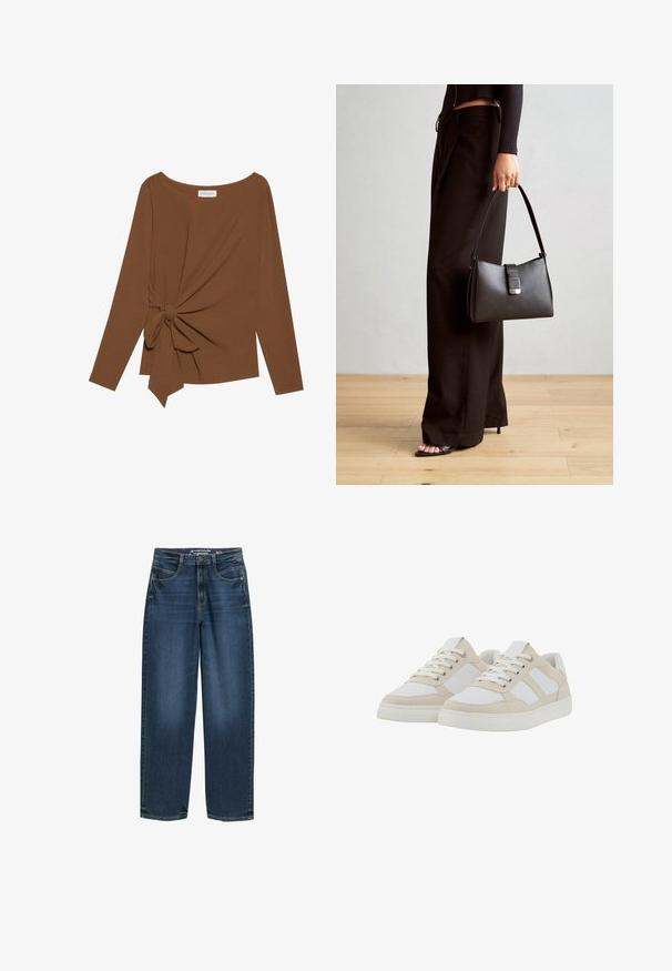 Hnědý dlouhý rukáv top s širokým výstřihem a detaily uzlu na jedné straně, vyrobený z měkké texturované látky.; Tmavě modré široké džíny s vysokým pasem, předními kapsami a klasickou denimovou strukturou. Dokončeny jemnými švy a rovnými otvoru nohavic.; Béžové a bílé tenisky s texturovaným svrškem, šněrováním a polstrovaným límcem. Mají tři bílé boční pruhy a gumovou podrážku.; Černá kabelka se strukturovaným tvarem, hladkým povrchem a kovovým uzávěrem. Kombinována s širokými černými kalhotami a sandály s otevřenou špičkou na dřevěné podlaze.