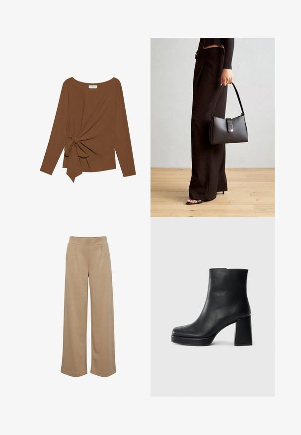 Rjava dolgosleeve majica z širokim izrezom in vozlom na eni strani, izdelana iz mehkega, teksturiranega blaga.; Bež široke hlače iz mehkega materiala, ki imajo dva sprednja nabora, elastičen pas in gladko teksturo.; Črne usnjene gležnjarje z blok peto in platformo, prikazane s strani na enobarvni beli podlagi.; Črna torbica z strukturirano obliko, gladko teksturo in kovinskim zaponko. Ujemajo se z širokimi črnimi hlačami in odprtimi sandali na lesenem tleh.
