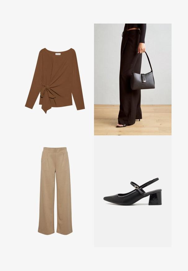 Smeđa majica dugih rukava s širokim izrezom i čvorom s jedne strane, izrađena od mekog, teksturiranog materijala.; Bež hlače širokih nogavica od mekog materijala, s dvije prednje plisirane nabore, elastičnim pojasom i glatkom teksturom.; Crne lakirane slingback visoke potpetice s šiljastim vrhom, zaobljenim izrezom i blok potpeticom. Sadrži akcent zlatnog tona s kopčom.; Crna torba s oblikom koji sadrži strukturu, glađu teksturu i metalnu kopču. Uparena s širokim crnim hlačama i sandalama na otvorenom s drvenog poda.