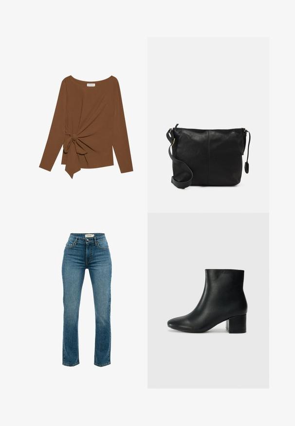 Ruda ilga rankovė viršutinė dalis su plačiu iškirpimu ir mazgo detale vienoje pusėje, pagaminta iš minkštos, tekstūruotos medžiagos.; Mėlyni džinsai su tiesiu kojų pjūviu, turintys aukštą liemenį, dirželių kilpas ir priekinę bei galinę kišenę. Minimalūs siuvimo detalės.; Juodos odinės aulinės botai su smailiu priekiniu pirštu ir storu kulnu. Lygus tekstūra su minimaliomis detalėmis ir elegantišku, tvirtai priglundančiu dizainu.; Juodas odinis per petį nešiojamas krepšys plokščia forma, su auksiniais detalių akcentais ir reguliuojama juosta. Lygi tekstūra su minimaliais siuvimo elementais.