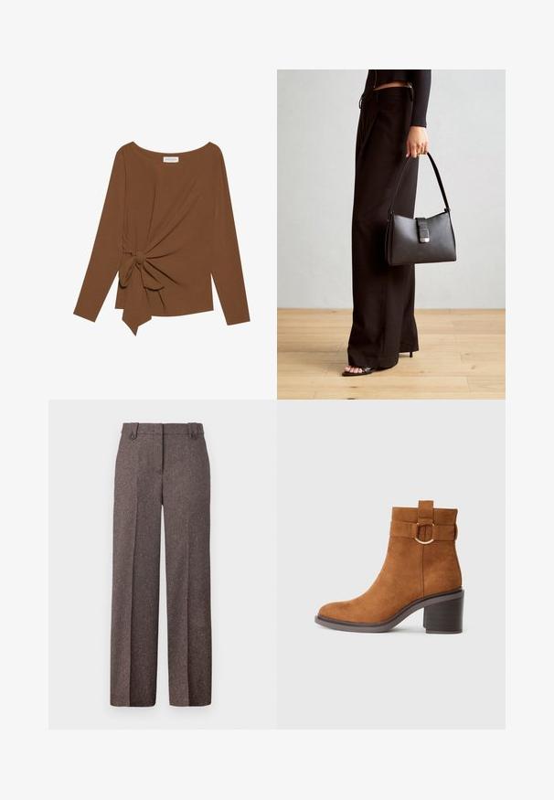 Brown long-sleeve top featuring a wide neckline and a knot detail on one side, made of soft, textured fabric.; Brown wide-leg trousers made from textured fabric. Features two front pockets and a tailored fit with two buttons at the waistband.; Brown suede ankle boot with a rounded toe, block heel, and a decorative strap featuring a circular buckle detail.; Black handbag with structured shape, smooth texture, and a metallic clasp. Paired with wide black pants and open-toe sandals on wooden floor.