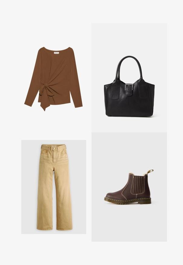 Brun långärmad topp med bred halsringning och en knutdetalj på ena sidan, tillverkad av mjukt, texturerat tyg.; Ljusbruna högmidjade jeans i denim, med vida ben, sidofickor och subtila sömnadsdetaljer. Slät textur med en oförstörd finish.; Bruna läder Chelsea-kängor med gula sömmar, elastiska sidopaneler, pälsfoder och transparent gummisula på vit bakgrund.; Svart läder tote-väska med slät yta, strukturerad form, två handtag och en framträdande silverfärgad spänne på framsidan.