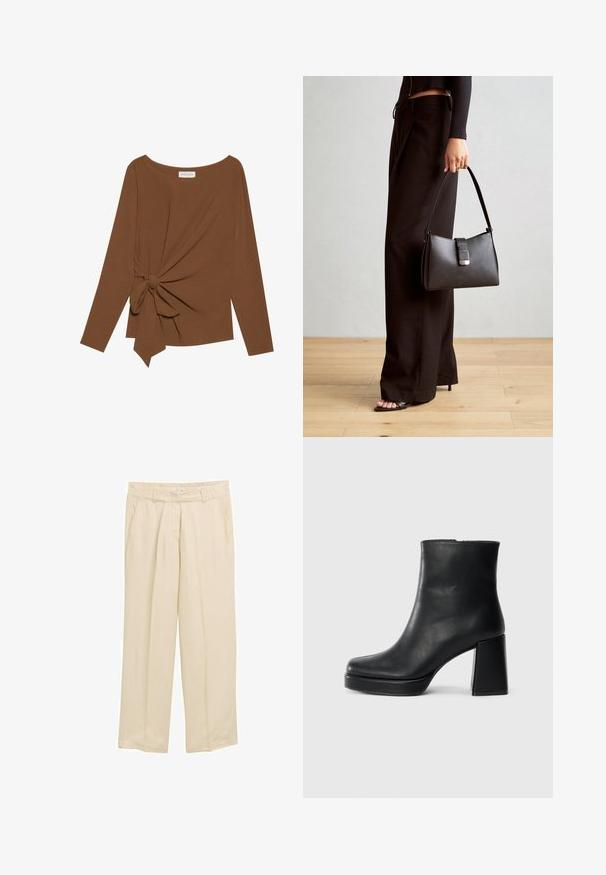 Brūna garām piedurknēm topa, kas izceļas ar plašu dekoltē un mezglu detaļu vienā pusē, izgatavota no mīkstas, teksturētas auduma.; Beige, plaša kāju bikses, kas izgatavotas no viegla auduma. Ar elastīgu jostasvietu un sānu kabatām. Gluda tekstūra ar smalkām vertikālām līnijām.; Melna ādas potīšu zābaku ar bloku papēdi un platformas zoli, skatīts no sāna uz vienkārša balta fona.; Melnā somiņa ar strukturētu formu, gludu tekstūru un metālu sprādzi. Saskaņota ar platām melnām biksēm un sandālēm ar atvērtu purngalu uz koka grīdas.