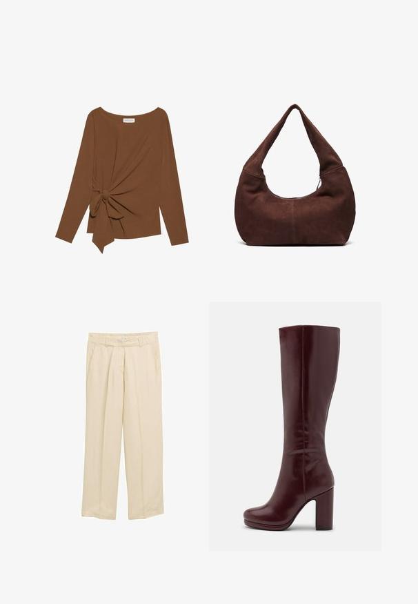 Top marrón de manga larga con un escote amplio y un detalle de nudo en un lado, hecho de una tela suave y texturizada.; Pantalones beiges de pierna ancha hechos de tejido ligero. Presentan una cintura elástica y bolsillos laterales. Textura suave con sutiles líneas verticales.; Anna Field Botas de tacón - red; Bolso hobo de ante marrón con un asa curvada y ancha y una gran apertura. Textura suave con costuras visibles a lo largo de los bordes.