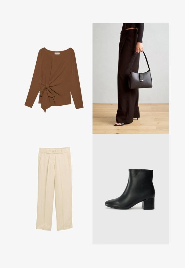 Smeđa majica dugih rukava s širokim izrezom i čvorom s jedne strane, izrađena od mekog, teksturiranog materijala.; Bež široke hlače od laganog materijala. Imaju elastičnu struk i bočne džepove. Glatka tekstura s suptilnim vertikalnim linijama.; Crne kožne čizme do članaka s uskim vrhom i debelim potplatom. Glatka tekstura s minimalnim detaljima i elegantan, prilagođen dizajn.; Crna torba s oblikom koji sadrži strukturu, glađu teksturu i metalnu kopču. Uparena s širokim crnim hlačama i sandalama na otvorenom s drvenog poda.