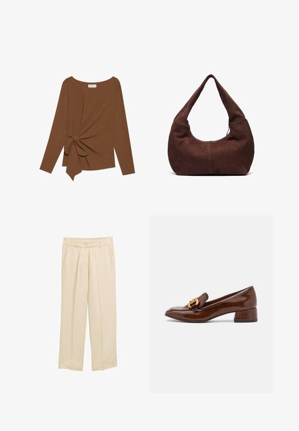 Bruine lange mouwen top met een brede halslijn en een knoopdetail aan één zijde, gemaakt van zachte, gestructureerde stof.; Beige, wijde broek van lichtgewicht stof. Voorzien van een elastische tailleband en zijzakken. Soepele textuur met subtiele verticale lijnen.; Bruine leren loafers met een glanzende afwerking, met een decoratieve gouden gesp aan de voorkant en een lage blokhak. Klassiek ontwerp.; Bruin suède hobo tas met een gebogen, brede handgreep en een grote opening. Zachte textuur met zichtbare stiksels langs de randen.