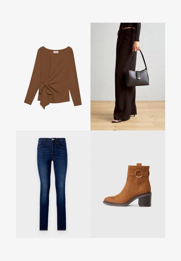 Pruuni pikad varrukad ja laia kaelusega topp, millel on ühe külje sõlmekaunistus, valmistatud pehmest ja tekstuuriga kangast.; Kitsas teksapüksid tumehallis denimis, traditsioonilise viie tasku kujundusega, kontrastselt oranžid õmblused ja nööbi sulgemine vööl.; Pruuni nahast pahkluu saapad ümmarguse varbaga, ploki kontsaga ja dekoratiivse rihmaga, millel on ümmargune pandla detail.; Must musta kott, millel on struktureeritud kuju, sile tekstuur ja metallist klamber. Kombineeritud laiate mustade pükstega ja avatud varvaste sandaalidega puidust põrandal.