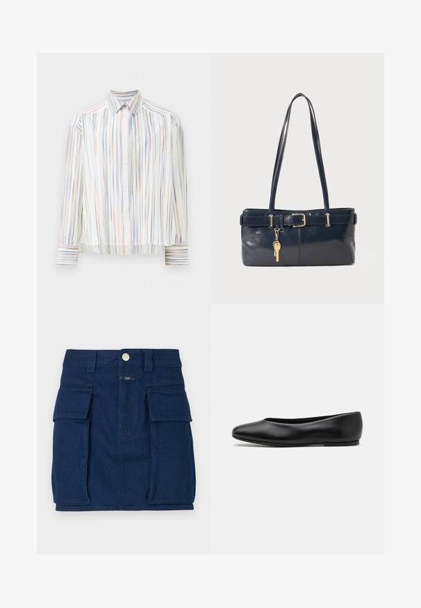 Camisa de botões às riscas com uma base branca, apresentando linhas finas e multicoloridas em azul, laranja e verde. Mangas longas e colarinho clássico.; Saia de ganga azul escura com dois grandes bolsos frontais, fecho com botão de metal e corte reto. Tecido ligeiramente texturizado.; Paul Smith TOPANGA - Sabrinas - black; Bolsa de couro azul-marinho com duas alças longas, um detalhe de fivela e um porta-chaves anexado. Apresenta uma textura suave e uma forma retangular.