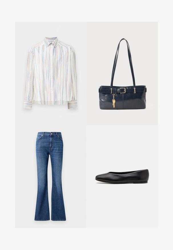 Chemise à rayures avec une base blanche, présentant des lignes multicolores étroites en bleu, orange et vert. Manches longues et col classique.; Jeans évasés bleus en denim, dotés d'une taille haute, de cinq poches et d'un léger effet d'usure près des coutures.; Paul Smith TOPANGA - Ballerines - black; Sac à main en cuir bleu marine avec deux longues poignées, un détail de boucle et un porte-clés accroché. Il présente une texture lisse et une forme rectangulaire.