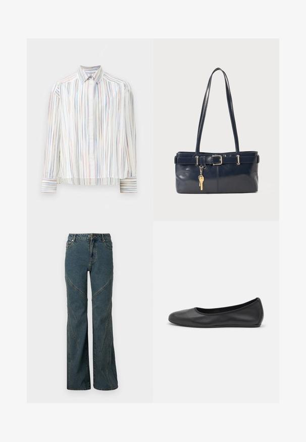 Camicia a righe con base bianca, caratterizzata da linee multi-colore strette in blu, arancione e verde. Maniche lunghe e colletto classico.; Jeans in denim blu con un design a gamba larga, caratterizzati da dettagli delle cuciture curvi e il classico stile a cinque tasche. Orlo non rifinito nella parte inferiore.; Pantofole da balletto nere in pelle con punta arrotondata, texture liscia, dettagli di cucitura minimi e design con suola flessibile.; Borsa a mano in pelle blu con due manici lunghi, un dettaglio con fibbia e un portachiavi attaccato. Presenta una texture liscia e una forma rettangolare.