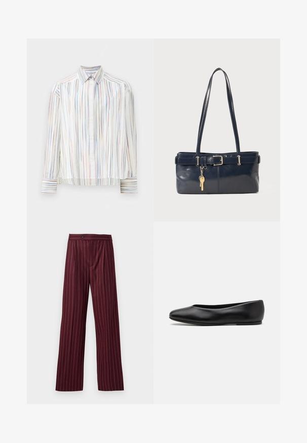 Chemise à rayures avec une base blanche, présentant des lignes multicolores étroites en bleu, orange et vert. Manches longues et col classique.; Pantalons larges bordeaux avec un motif à rayures, devant plissé et fermeture à bouton, fabriqués à partir d'un tissu doux au design structuré.; Paul Smith TOPANGA - Ballerines - black; Sac à main en cuir bleu marine avec deux longues poignées, un détail de boucle et un porte-clés accroché. Il présente une texture lisse et une forme rectangulaire.