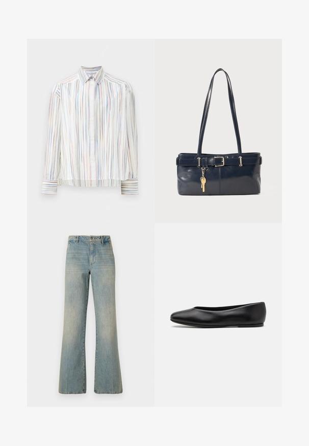 Camisa de botones a rayas con base blanca, que presenta líneas multicolores estrechas en azul, naranja y verde. Mangas largas y cuello clásico.; Jeans de mezclilla de corte ancho en azul claro con una cintura alta, cierre de botón y textura deslavada. Cuenta con un diseño clásico de cinco bolsillos y piernas rectas.; Paul Smith TOPANGA - Bailarinas - black; Bolso de mano de cuero navy con dos asas largas, un detalle de hebilla y un llavero adjunto. Presenta una textura suave y una forma rectangular.