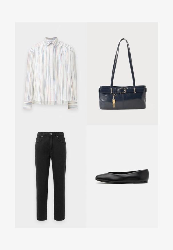 Camicia a righe con base bianca, caratterizzata da linee multi-colore strette in blu, arancione e verde. Maniche lunghe e colletto classico.; Jeans in denim nero con design a gamba dritta, stile classico a cinque tasche e chiusura con bottone. Presentano dettagli di cucitura sottili.; Paul Smith TOPANGA - Ballerine - black; Borsa a mano in pelle blu con due manici lunghi, un dettaglio con fibbia e un portachiavi attaccato. Presenta una texture liscia e una forma rettangolare.