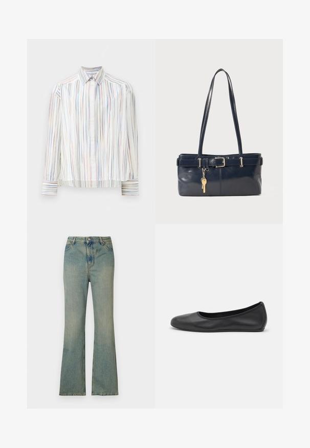 Cămașă cu dungi, cu bază albă, având linii înguste de dimensiuni diferite în nuanțe de albastru, portocaliu și verde. Mâneci lungi și guler clasic.; Jeans din denim decolorat de culoare albastru deschis, cu talie înaltă, cinci buzunare și închidere cu fermoar. Finisaj curat și decolorat, cu detalii de cusătură subtile.; Balerini din piele neagră, cu vârf rotund, textură netedă, detalii de cusătură minimale și un design al tălpii flexibil.; Geantă de piele bleumarin cu două mânere lungi, detaliu cu cataramă și un breloc atașat. Are o textură netedă și o formă rectangulară.
