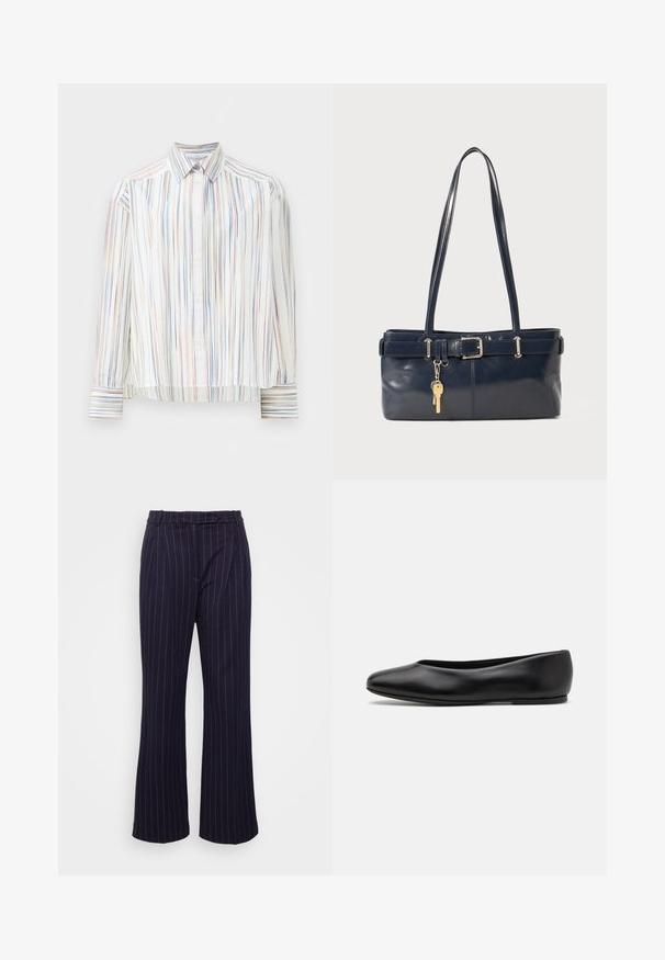 Striped button-up shirt with a white base, featuring narrow multi-colored lines in blue, orange, and green. Long sleeves and a classic collar.; DESIGNERS REMIX ZOE PANTS - Trousers - navy/white; Paul Smith TOPANGA - Ballet pumps - black; Navy leather handbag with two long handles, a buckle detail, and a keychain attached. Features a smooth texture and a rectangular shape.