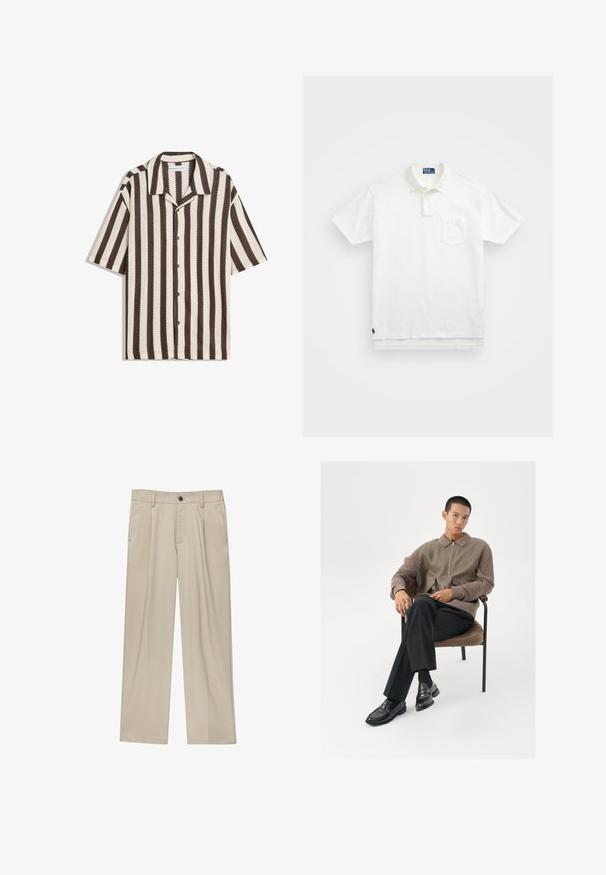 Rövid ujjú, gombos ing barna és bézs függőleges csíkokkal és széles gallérral, fehér háttéren kifektetve.; Fehér pólóing, pamutból készült, klasszikus gallérral, háromgombos végigfutóval és bal oldali zsebével; kis logó a szegélyen.; Beige egyenes szárú nadrág, egy fekete gombbal, övhurkokkal és oldalzsebekkel. Sima szövettextúra és minimális design.; Férfi zipzáras dzseki földszínekben, texturált anyaggal és oversize zsebekkel. Szűk fazonú fekete nadrág és fényes fekete loaferek.