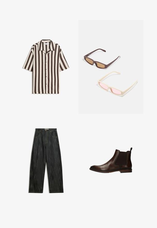 Camicia a maniche corte con bottoni, a righe verticali marroni e beige, con colletto aperto, stesa su uno sfondo bianco.; Jeans in denim scuro con vestibilità ampia, caratterizzati da una sottile texture verticale, cuciture gialle, cinque tasche e una chiusura con bottone classica.; Stivale Chelsea in pelle marrone con pannelli laterali elasticizzati, punta rotonda e tacco basso impilato. Presenta una linguetta per facilitare la calzata.; Due paia di occhiali da sole: uno marrone con lenti marroni, l'altro crema con lenti rosa; entrambi presentano un design rettangolare elegante.; Borsa duffel in suede marrone scuro con manici in pelle e una tracolla regolabile, dotata di chiusura a cerniera superiore.